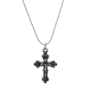 Symbols of Faith Silver-Tone Crucifix Blue Crystal Necklace