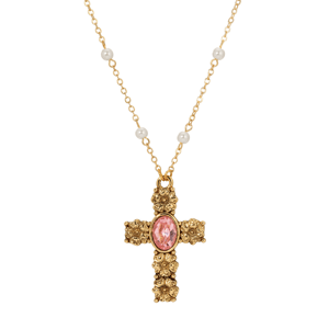 Symbols of Faith Gold-Tone Cross Pink Oval Faux Pearl Necklace