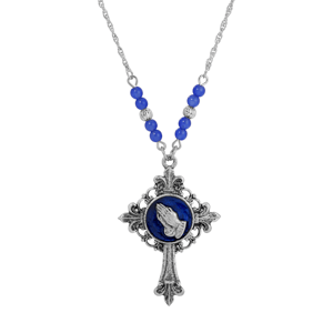 Symbols of Faith Silver-Tone Cross Praying Hands Necklace