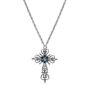 Symbols of Faith Silver-Tone Cross With Blue Crystal Necklace