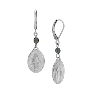 Symbols of Faith Oval Miraculous Medal Blue Bead Earrings