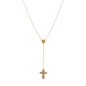 Symbols of Faith Gold-Tone Crucifix Faux Pearl Beaded Rosary
