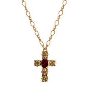 Symbols of Faith Gold-Tone Flower Cross Garnet Oval Necklace