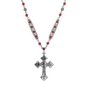 Symbols of Faith Black-Tone Cross Red Beaded Chain Necklace