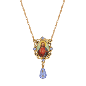 Symbols of Faith Gold Tone Oval Jesus Pendant Blue Bead Necklace