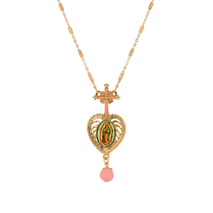 Symbols of Faith Gold-Tone Cross Pink Heart Guadalupe Necklace
