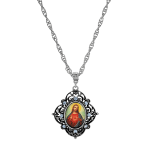 Symbols of Faith Silver Tone Oval Jesus Decal Pendant Necklace
