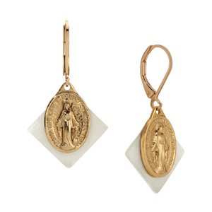 Symbols of Faith Gold-Tone MOP Miraculous Medal Earrings