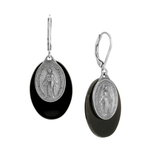 Symbols of Faith Silver Tone Oval Stone Miraculous Medal Earrings