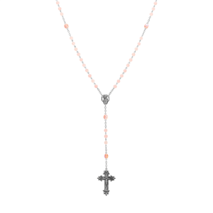 Symbols of Faith Silver-tone Beaded Crucifix Rosary - Light Pink