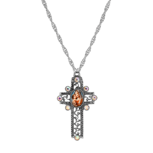 Symbols of Faith Silver-Tone Mary & Child Crystal Cross Necklace