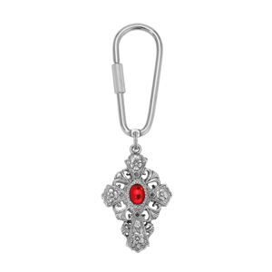 Symbols of Faith Silver Tone Cross Oval Red Stone Key Chain