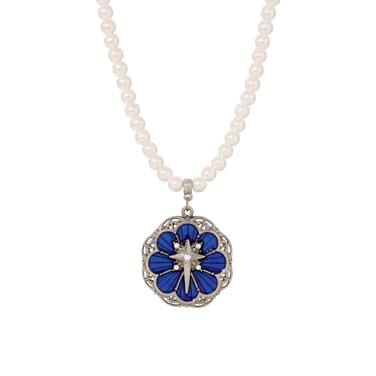 Symbols of Faith Silver-Tone Star of Bethlehem Blue Enamel Imitation Pearl Necklace - Blue
