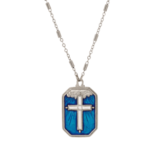 Symbols of Faith Silver-Tone Blue Enamel Silver Cross Necklace