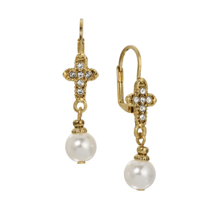 Symbols of Faith Gold-Tone Crystal Cross w/ Pearl Drop Earrings