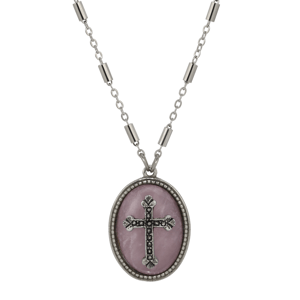 Symbols of Faith Oval Semi-Precious Pewter Cross Necklace