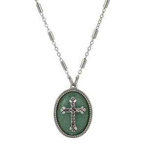 Symbols of Faith Silver-Tone Oval Semi-Precious Cross Necklace