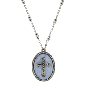 Symbols of Faith Silver-Tone Oval Precious Pewter Cross Necklace