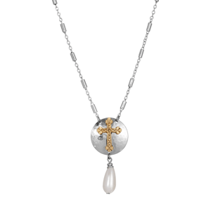 Symbols of Faith Two-Tone Cross With Faux Pearl Drop Necklace