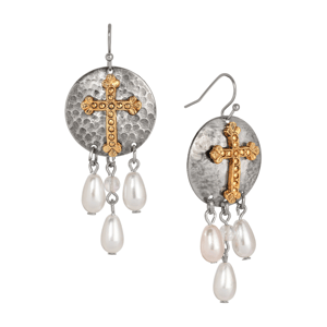 Symbols of Faith Two-Tone Cross With Faux Pearl Drop Earrings