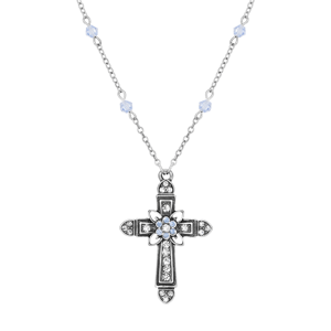 Symbols of Faith Center Flower Crystal Cross Bead Chain Necklace