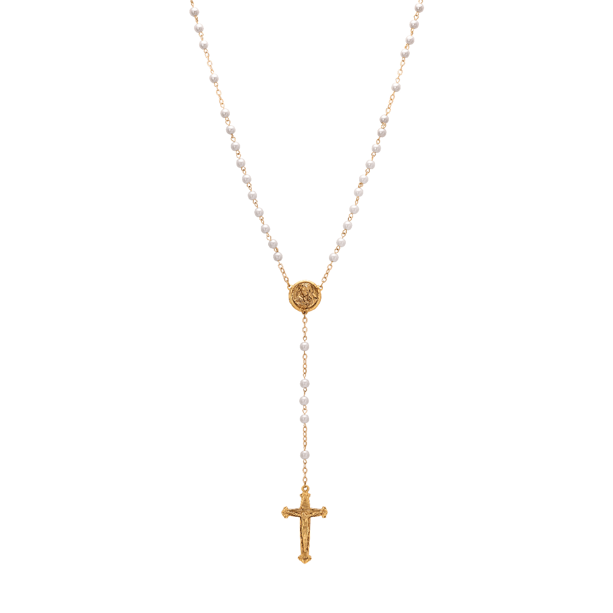 Symbols of Faith Gold-Tone White Bead Virgin Mary Rosary 60$