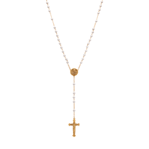Symbols of Faith Gold-Tone White Bead Virgin Mary Rosary