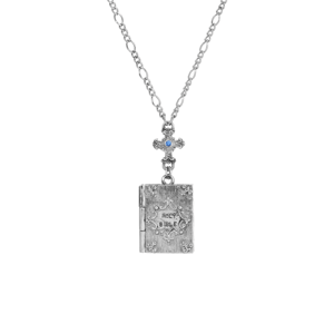 Symbols of Faith Silver Cross & Bible Locket Holy Family Necklace