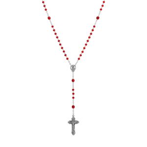 Symbols of Faith Silver-Tone Beaded Crucifix Rosary - Red
