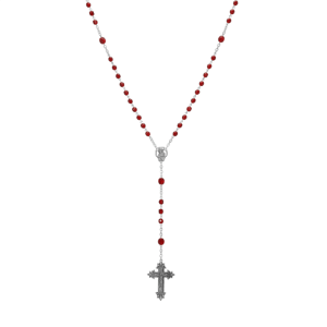 Symbols of Faith Silver-tone Beaded Crucifix Rosary - Dark Red