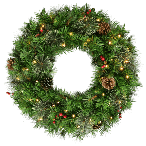Puleo International 24in. Pre-Lit Pinecone& Berries Pine Wreath
