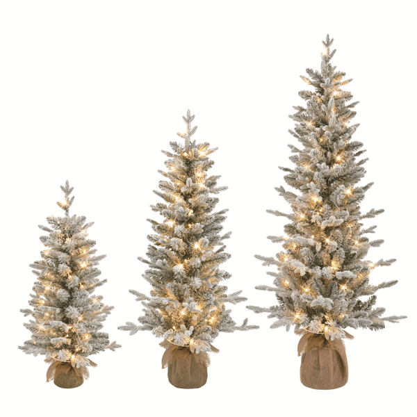 Puleo International Set of 3 Flocked Spruce Trees w/ Burlap Base