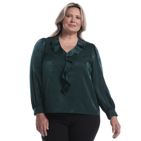 Plus Size Rafaella(R) Long Sleeve Ruffle V-Neck Solid Blouse