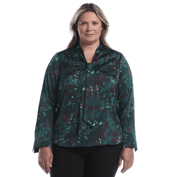 Plus Size Rafaella(R) Long Sleeve Floral Tie Neck Blouse
