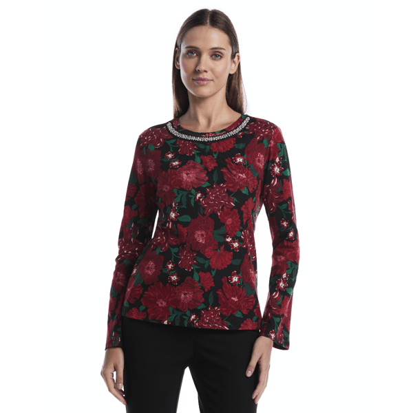 Petite Rafaella(R) Long Sleeve Embellished Neck Floral Blouse