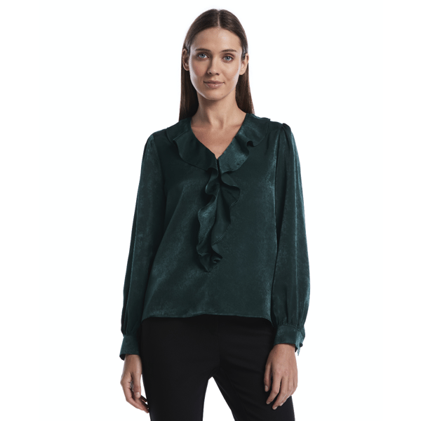 Petite Rafaella(R) Long Sleeve Ruffle V-Neck Solid Blouse