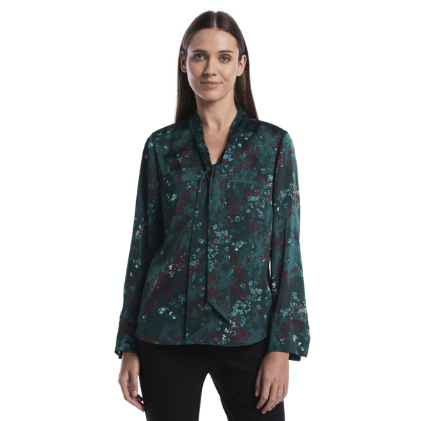 Petite Rafaella(R) Long Sleeve Floral Tie Neck Blouse