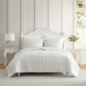 Laura Ashley(R) Rosebud Stripe Reversible 3pc. Quilt Set