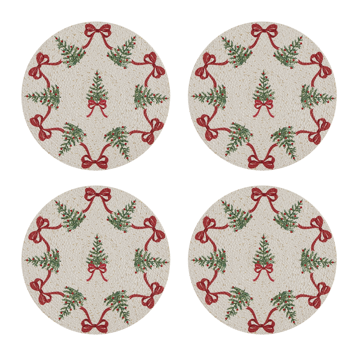 Avanti Bows Trees Woven Braided Round Placemats, Set of 4 - Multi