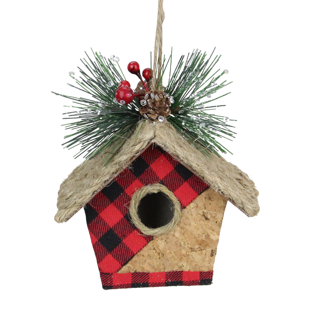 33530771 5.75 in. Red & Black Buffalo Plaid Hanging Bird Tree Christmas Ornament