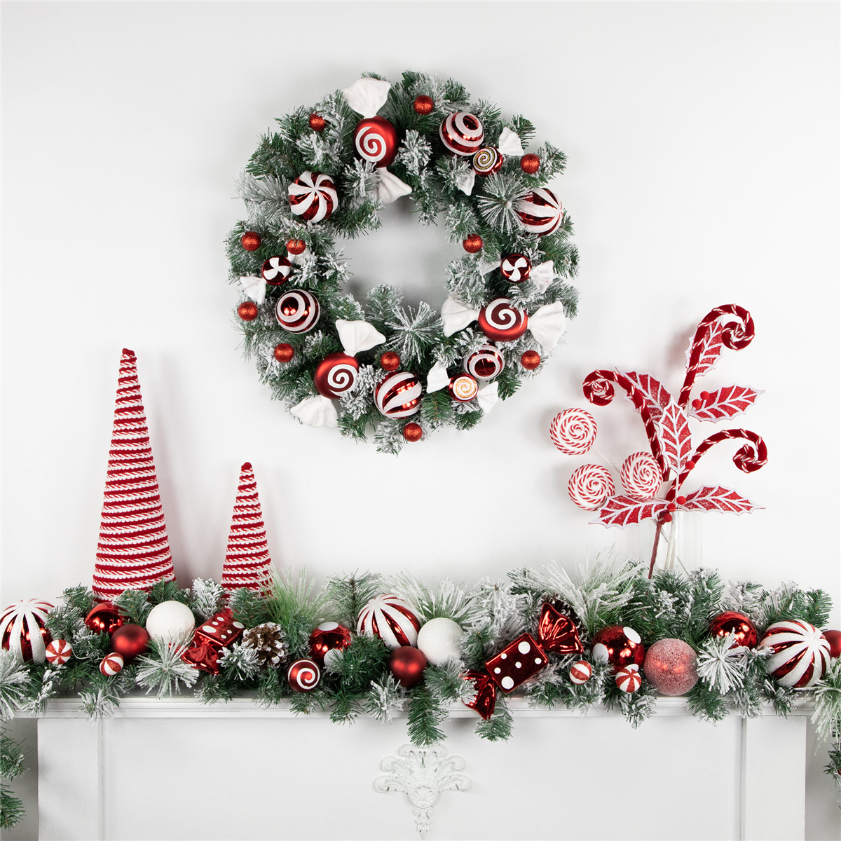 6' Flocked Pine Artificial Christmas Garland with Candy Ornaments and Pinecones - White