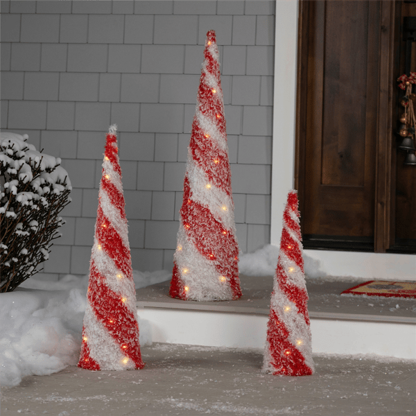 Northlight Snowy Candy Cane Christmas Cone Tree Decor-Set of 3