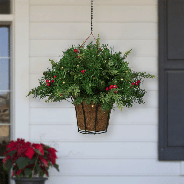 Northlight LED Red Berries & Mixed Pine Hanging Christmas Basket