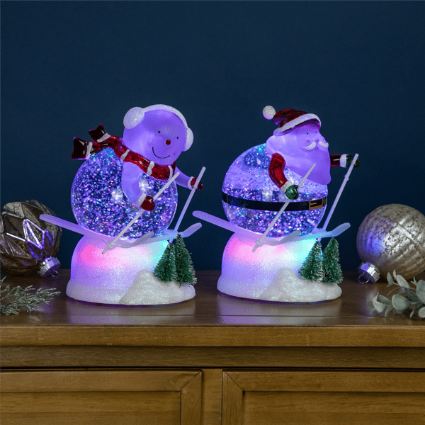 Northlight LED Skiing Santa & Snowman Snow Globes - Set of 2
