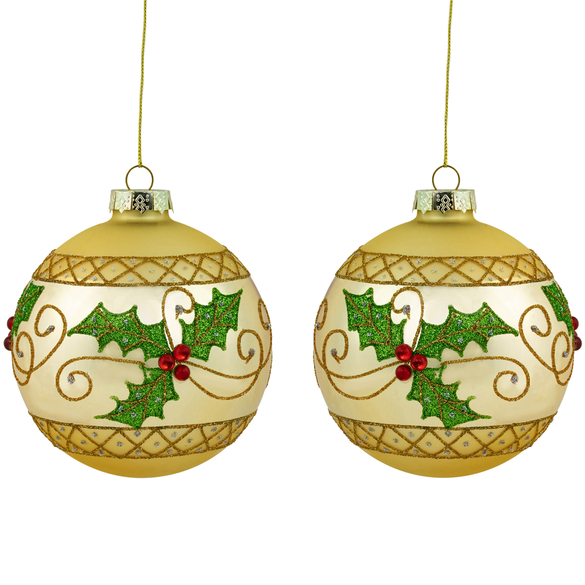 35699451 Golden Glittered Holly & Berries Christmas Glass Ball Ornaments - 4 in. - Set of 2