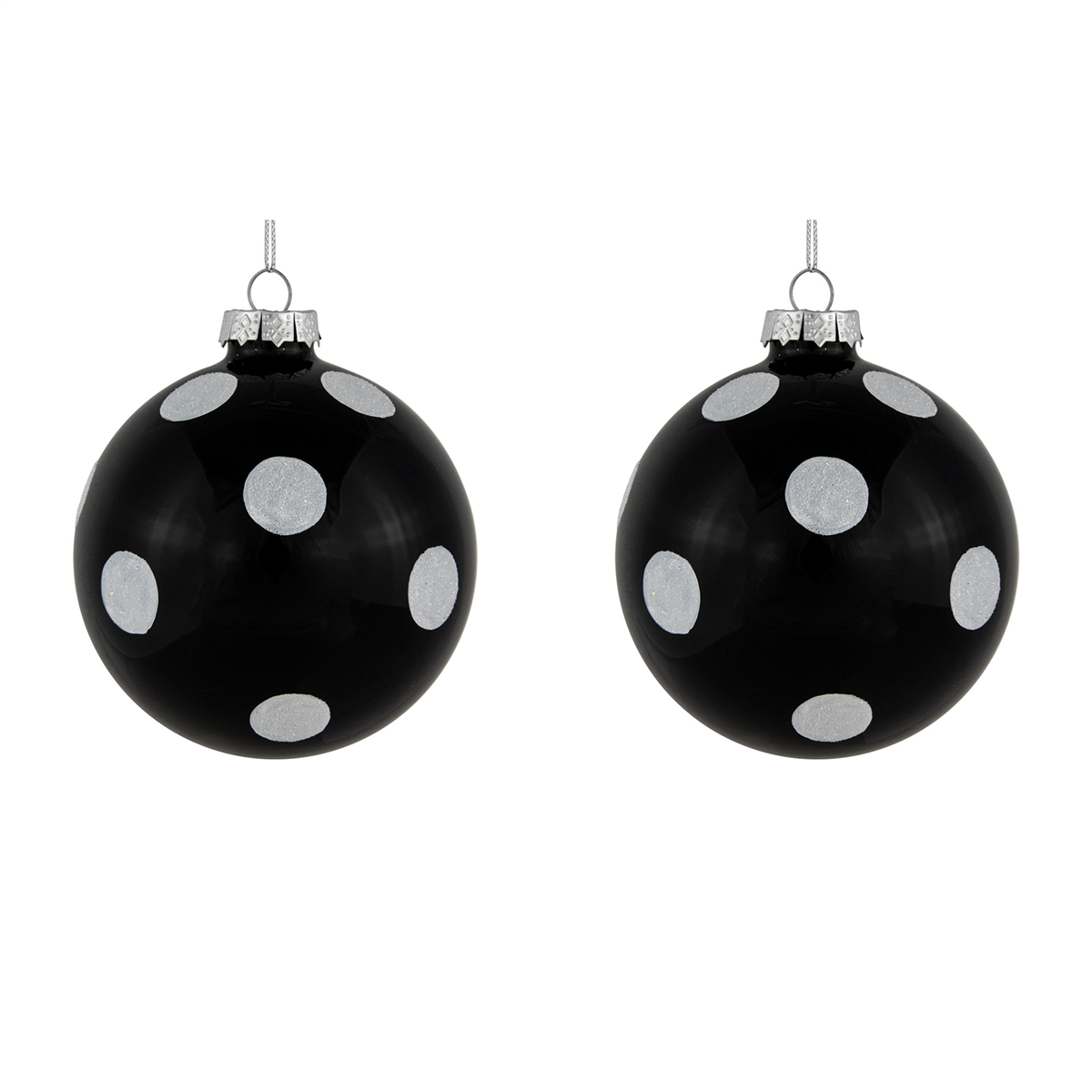35699460 Glittered Polka Dot Glass Christmas Ball Ornaments, Black & White - 4 in.- Set of 2