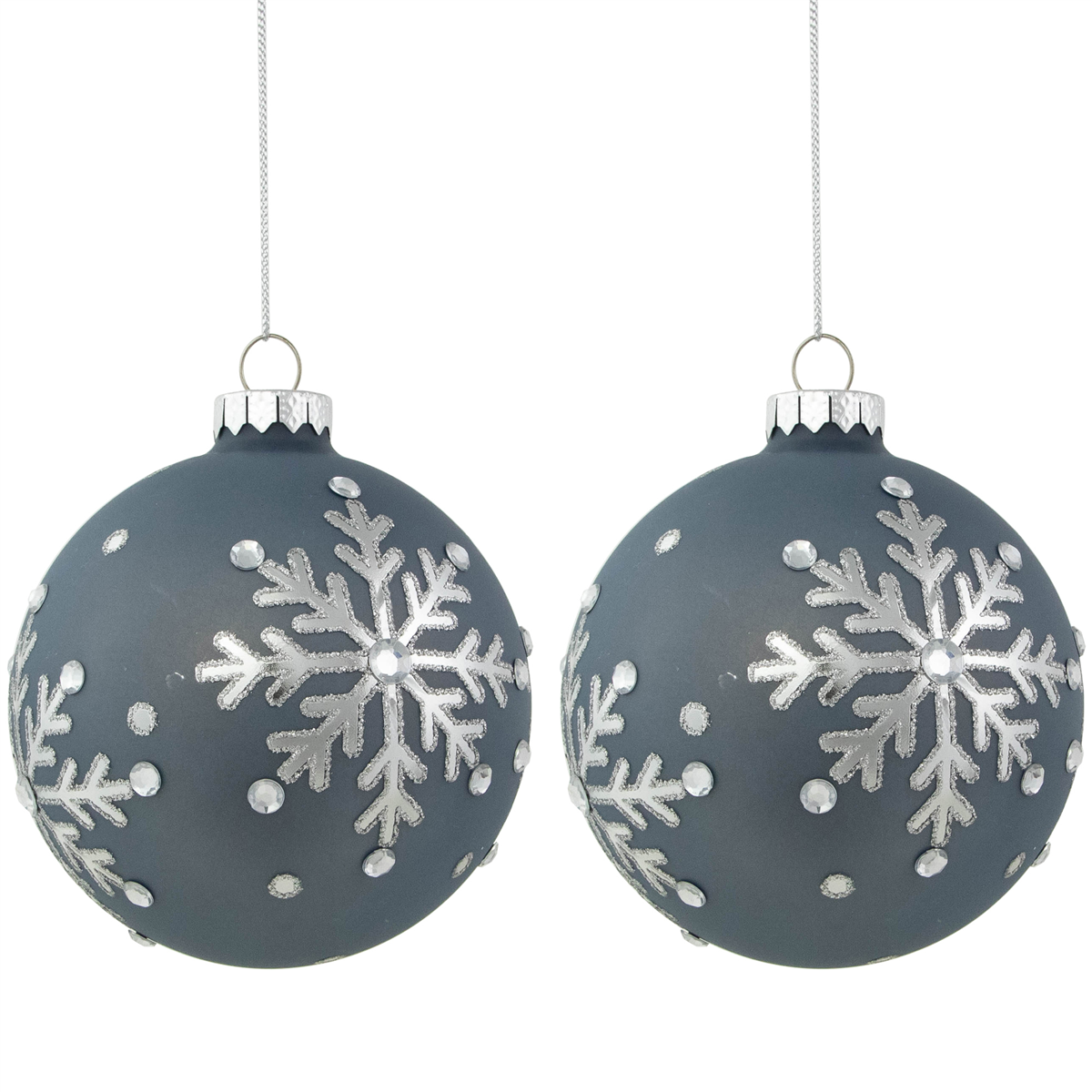 35699467 Jeweled Snowflake Glass Christmas Ball Ornaments, Slate Blue - Set of 2