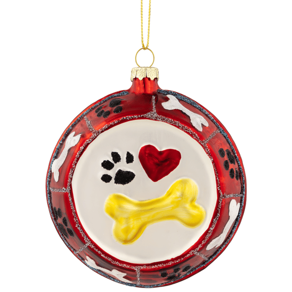 Northlight Bones & Heart Dog Food Bowl Glass Christmas Ornament