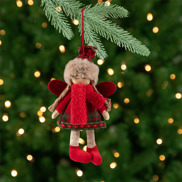 Northlight Plaid Angel Girl with Jute Pigtails Christmas Ornament