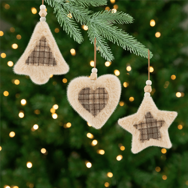 Northlight 3ct. Plush Tree Star & Heart Plaid Christmas Ornaments